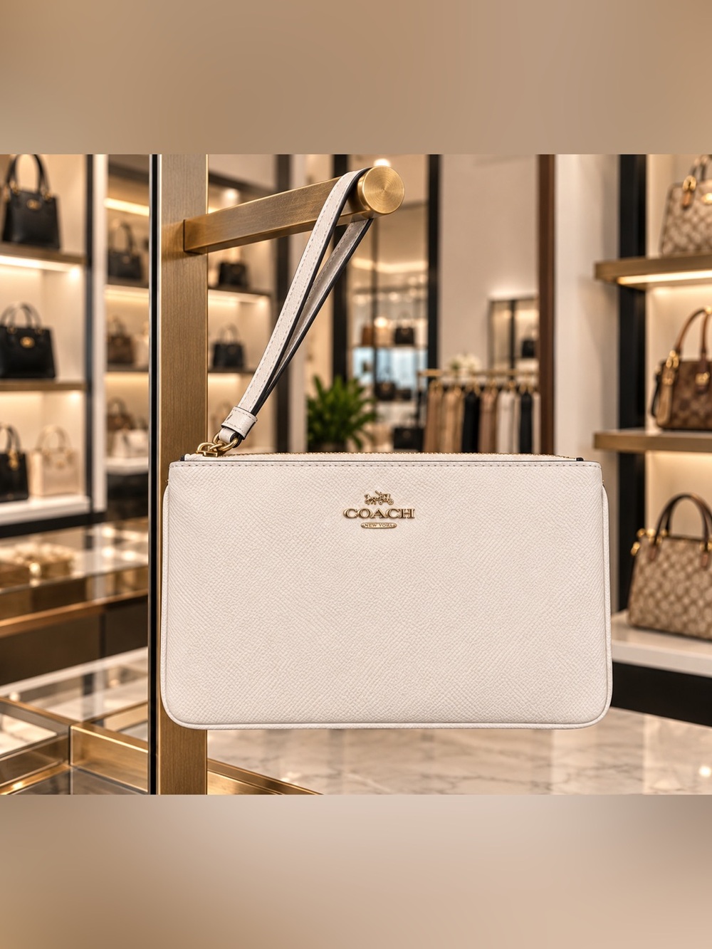 Coach Crossgrain Leather Wristlet- Chalk